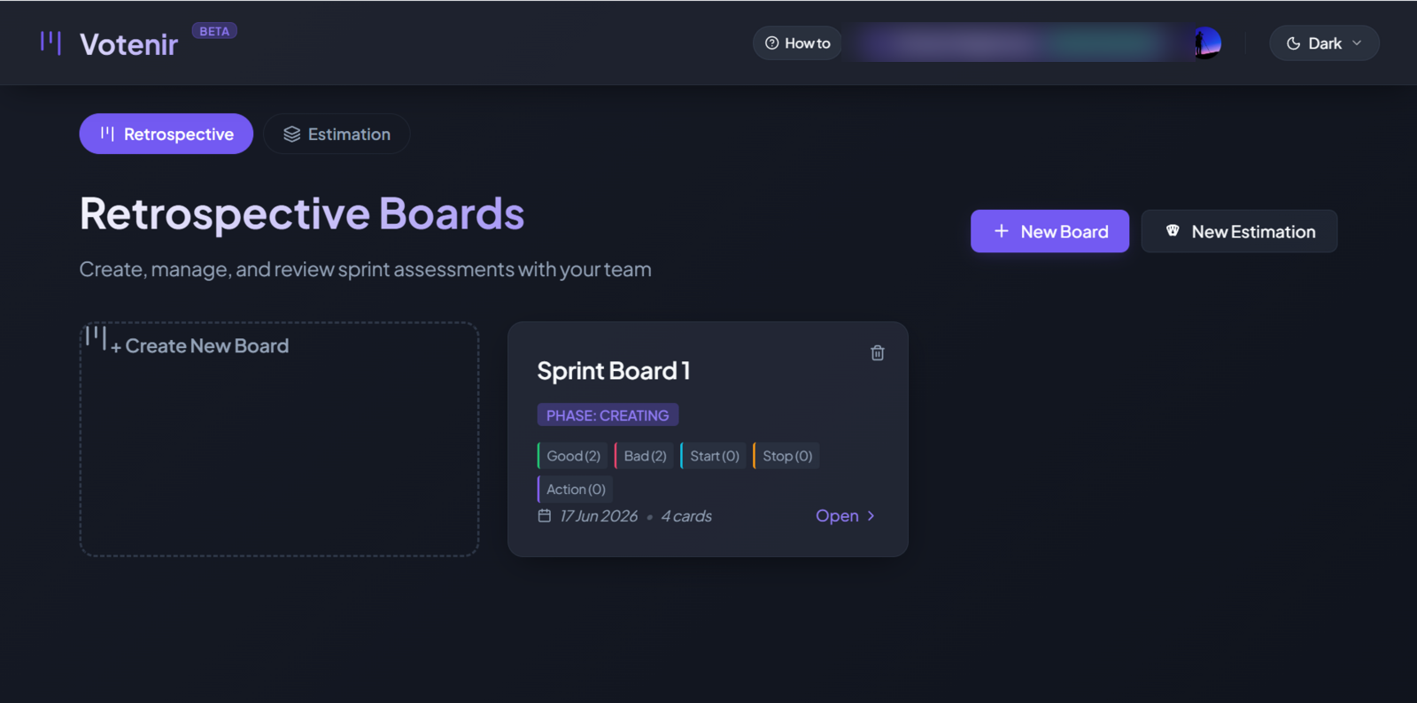 Votenir dashboard with retrospective boards and estimation rooms