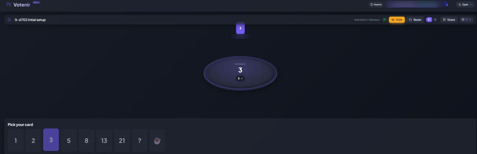 Votenir planning poker table waiting for players