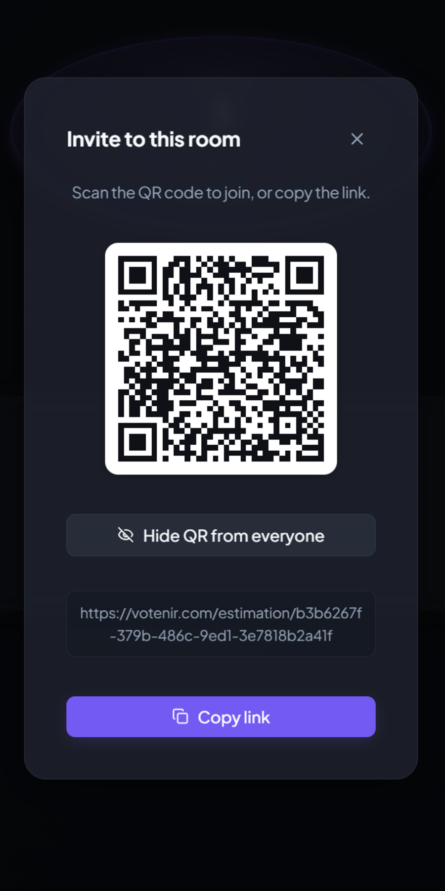 Owner-controlled QR code for joining a Votenir estimation room